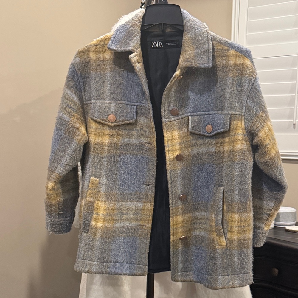 Zara Men's Lightweight Plaid Jacket - Gray and Yellow